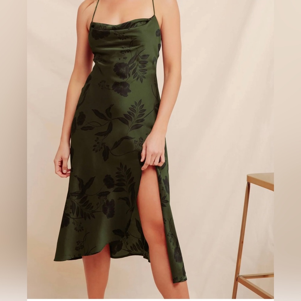 ASTR the Label Olive/Black Floral Gaia Cowl Neck Midi Slip Dress, Size Medium